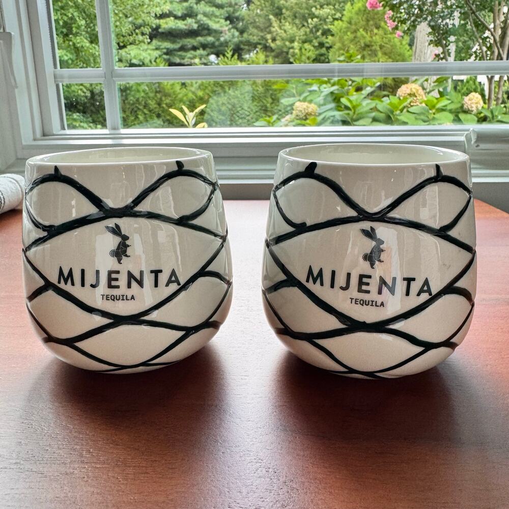 Tequila Agave Ceramic Mugs Set of 2 Cream Green 3.5” Barware MIJENTA